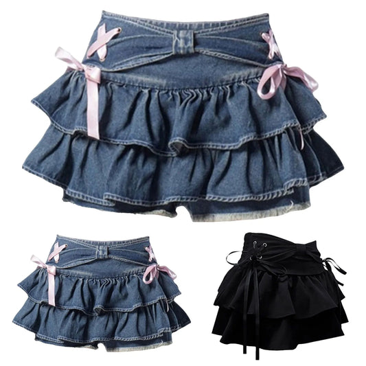Women Y2k Denim Mini Skirt Sweet Ruffle Kawaii Bow Coquette Skirt Vintage Summer Cutecore A-Line Jean Short Harajuku Skirts