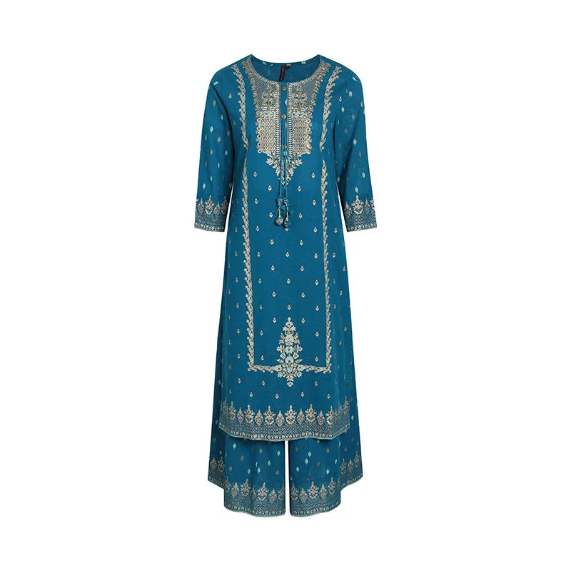 Ethnic Set 2-Piece Cotton Printed Navy Blue &Cotton Printed 3-piece Suit