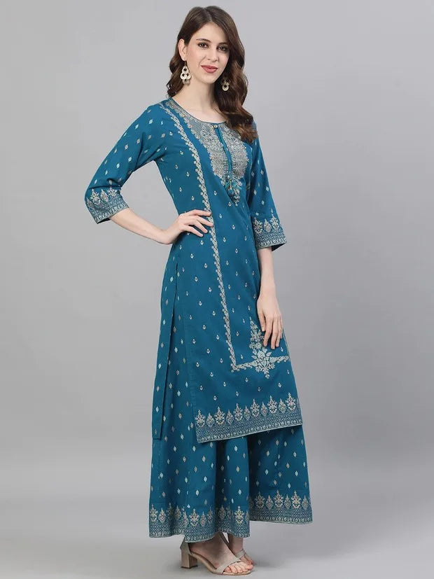 Ethnic Set 2-Piece Cotton Printed Navy Blue &Cotton Printed 3-piece Suit