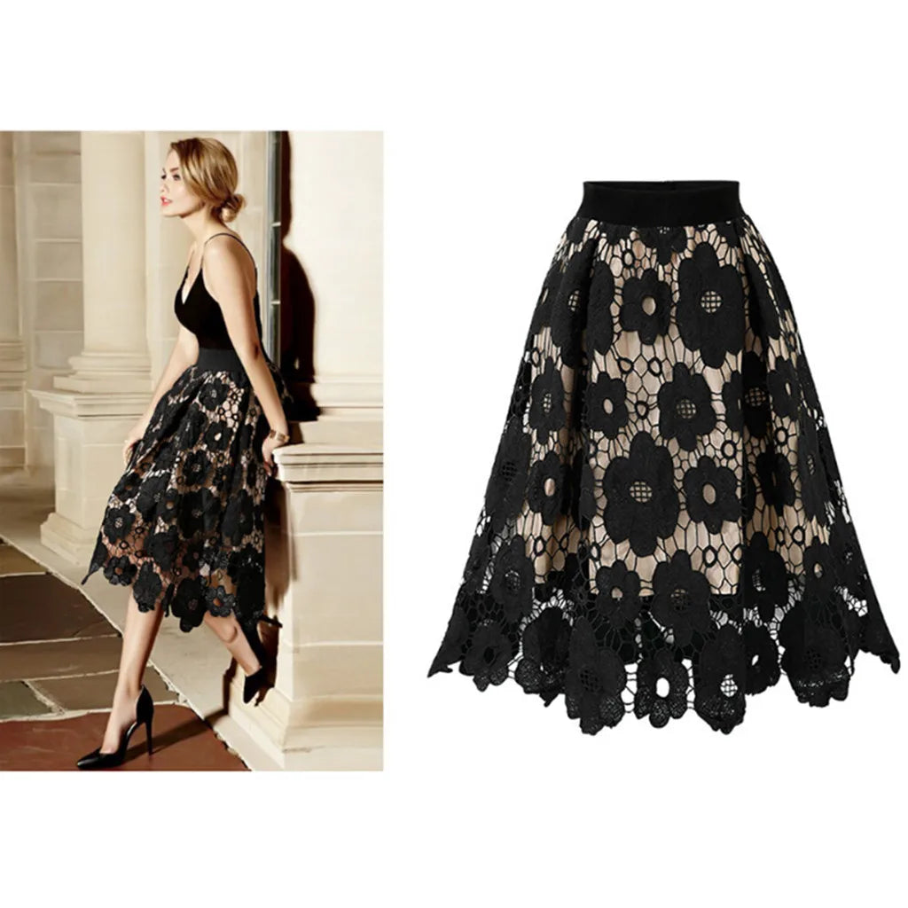 Floral Lace Skirt Commute Elegant Women High Waist Long Skirt Vintage Fairy Double-Layered Hollow Out Irregular A-Line Skirt