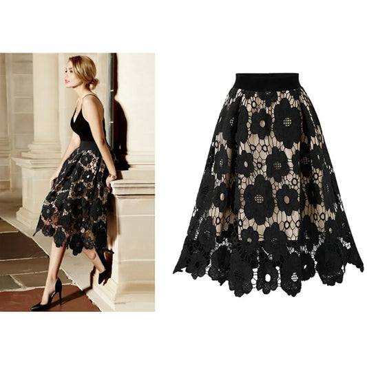 Floral Lace Skirt Commute Elegant Women High Waist Long Skirt Vintage Fairy Double-Layered Hollow Out Irregular A-Line Skirt