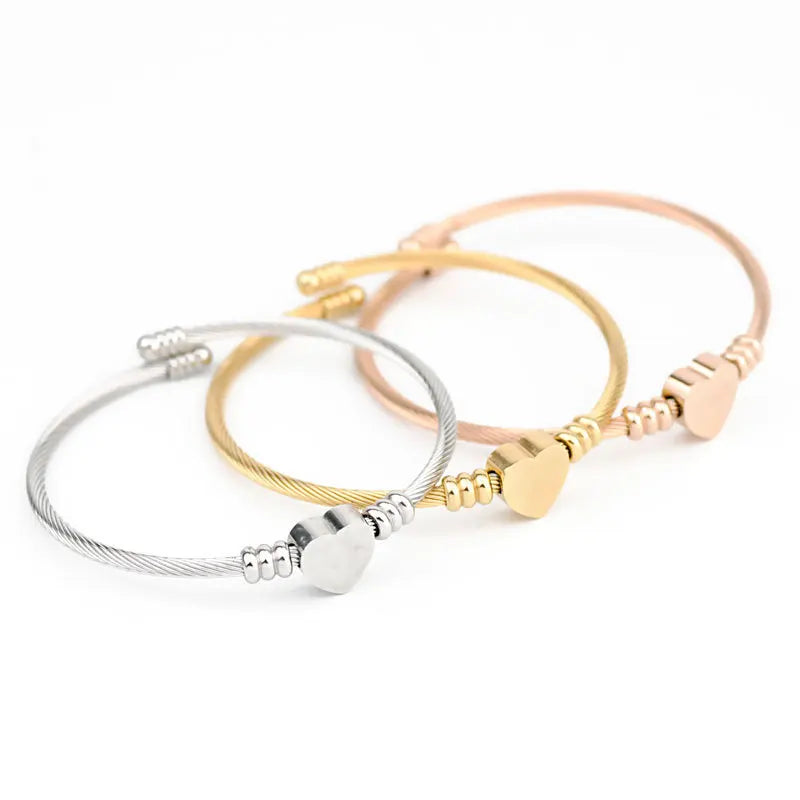 HNSP Stainless Steel Cable Heart Bracelet Bangle