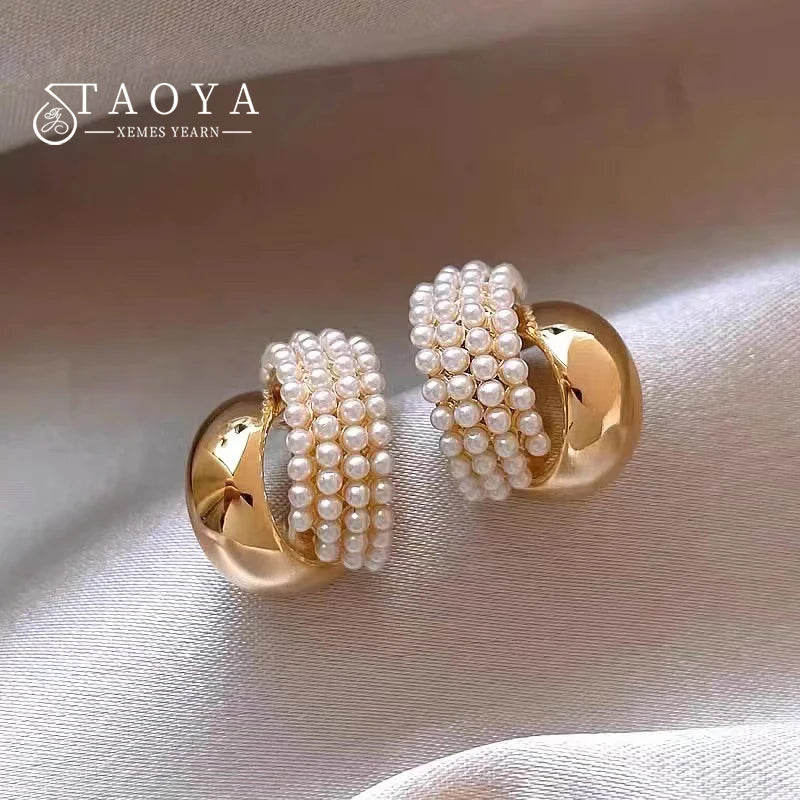 Pearl Metal Arc-Shaped Gold Color Earrings