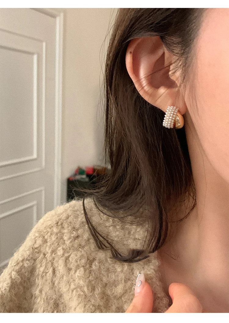 Pearl Metal Arc-Shaped Gold Color Earrings