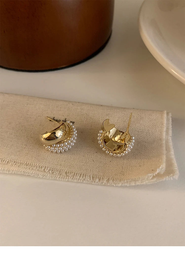 Pearl Metal Arc-Shaped Gold Color Earrings