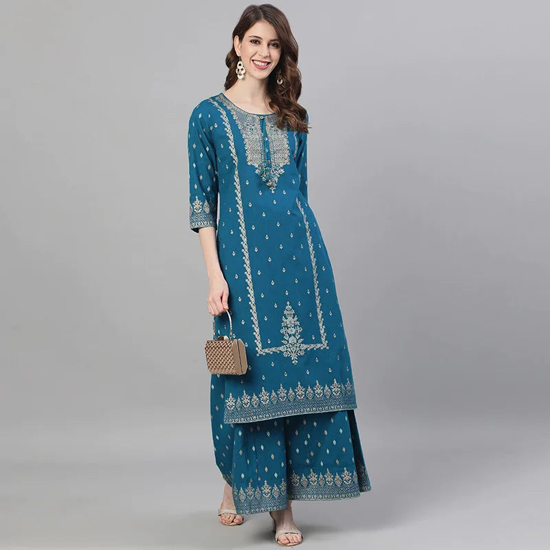 Ethnic Set 2-Piece Cotton Printed Navy Blue &Cotton Printed 3-piece Suit