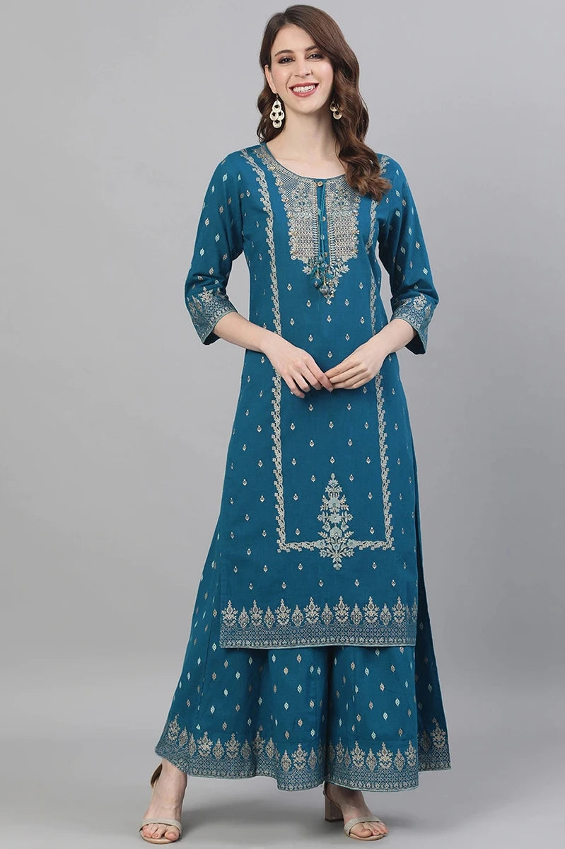 Ethnic Set 2-Piece Cotton Printed Navy Blue &Cotton Printed 3-piece Suit