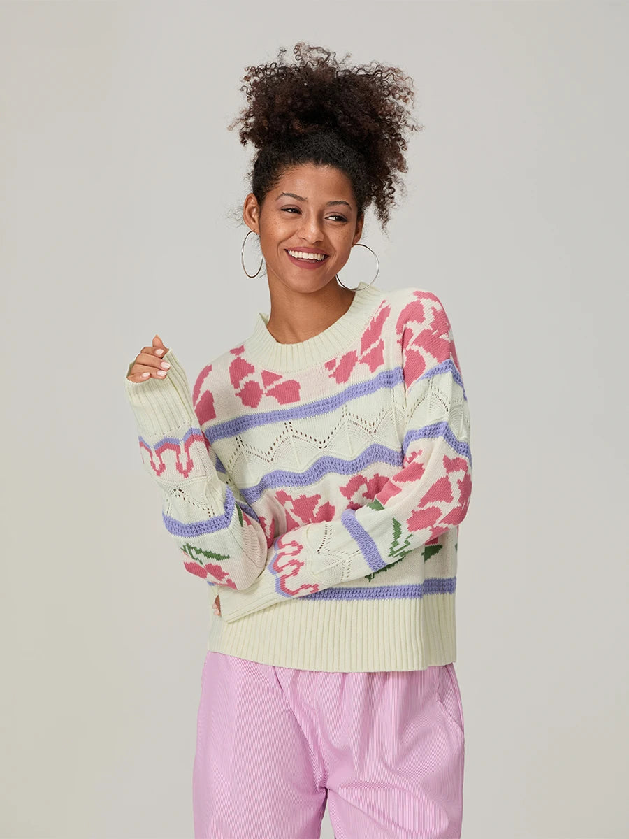 Women s Cable Knit Sweater with Ribbed Crew Neck and Floral Embroidery