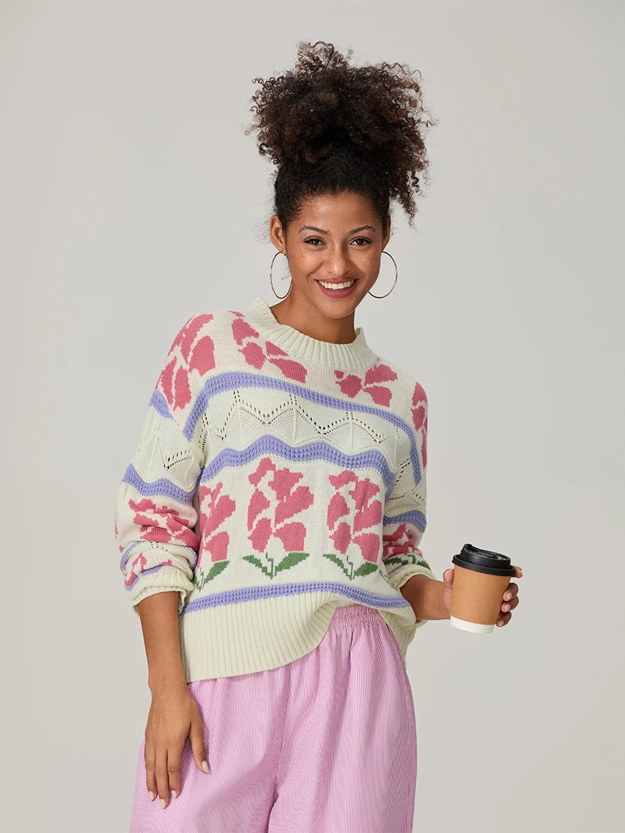 Women s Cable Knit Sweater with Ribbed Crew Neck and Floral Embroidery