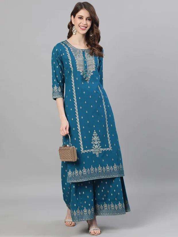 Ethnic Set 2-Piece Cotton Printed Navy Blue &Cotton Printed 3-piece Suit