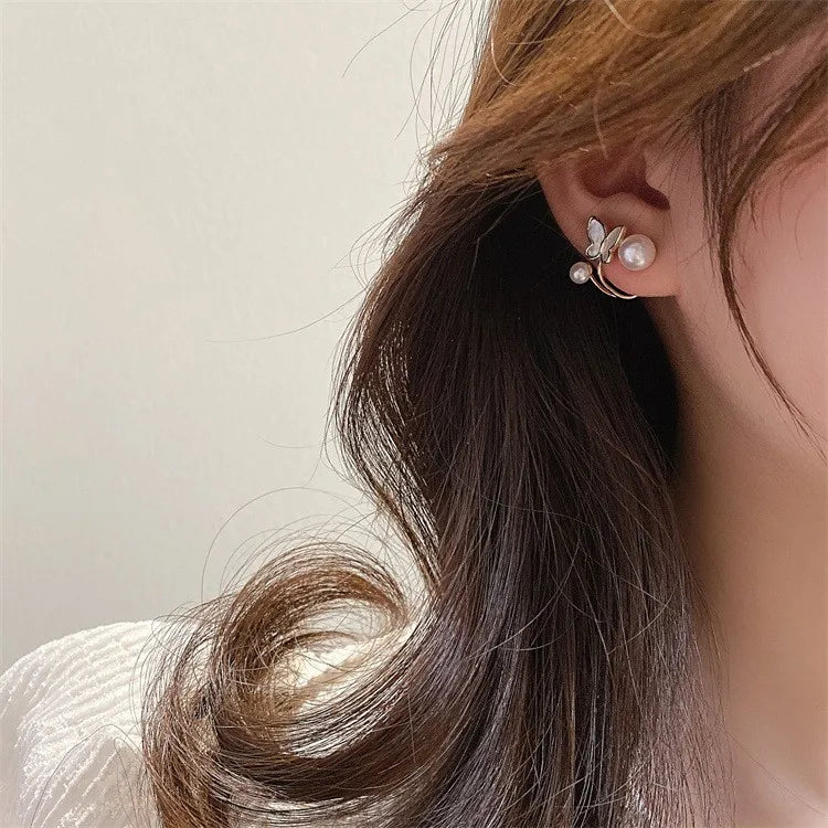 Back Hanging High Class Butterfly Imitation Pearl Earrings