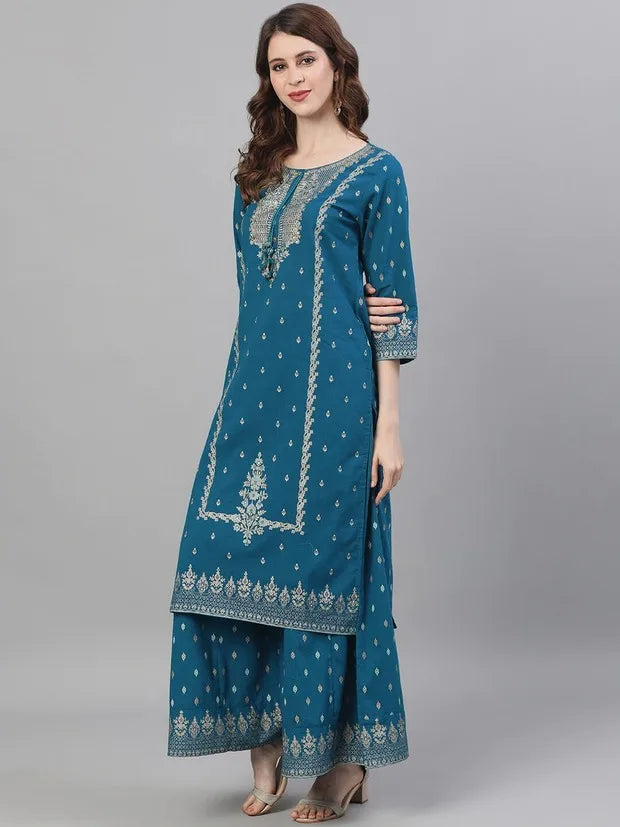 Ethnic Set 2-Piece Cotton Printed Navy Blue &Cotton Printed 3-piece Suit