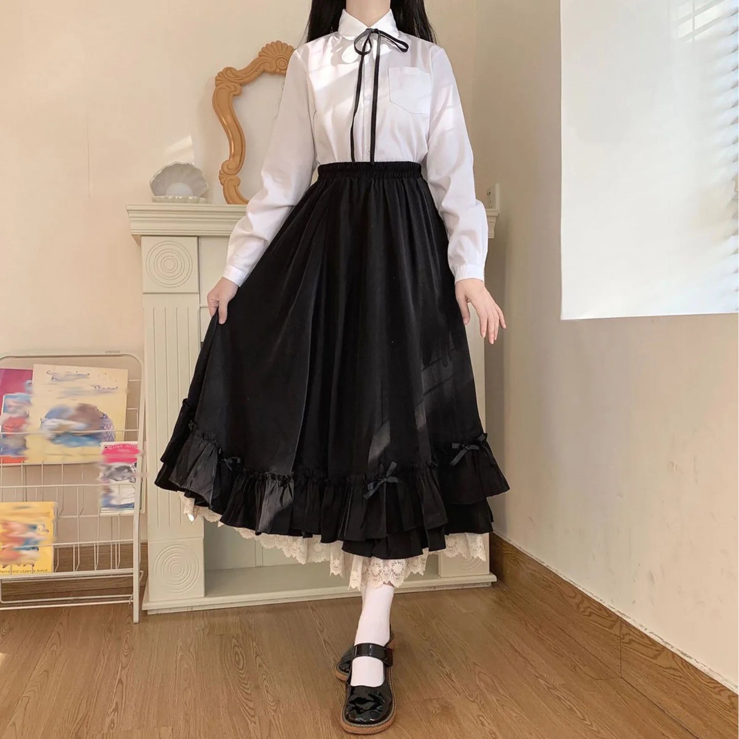 Women'S Solid Color Design Fashionable Japanese Girl Fairy Lace Half Length Skirt Black And White Maid Princess Skirt Fairy Y2k