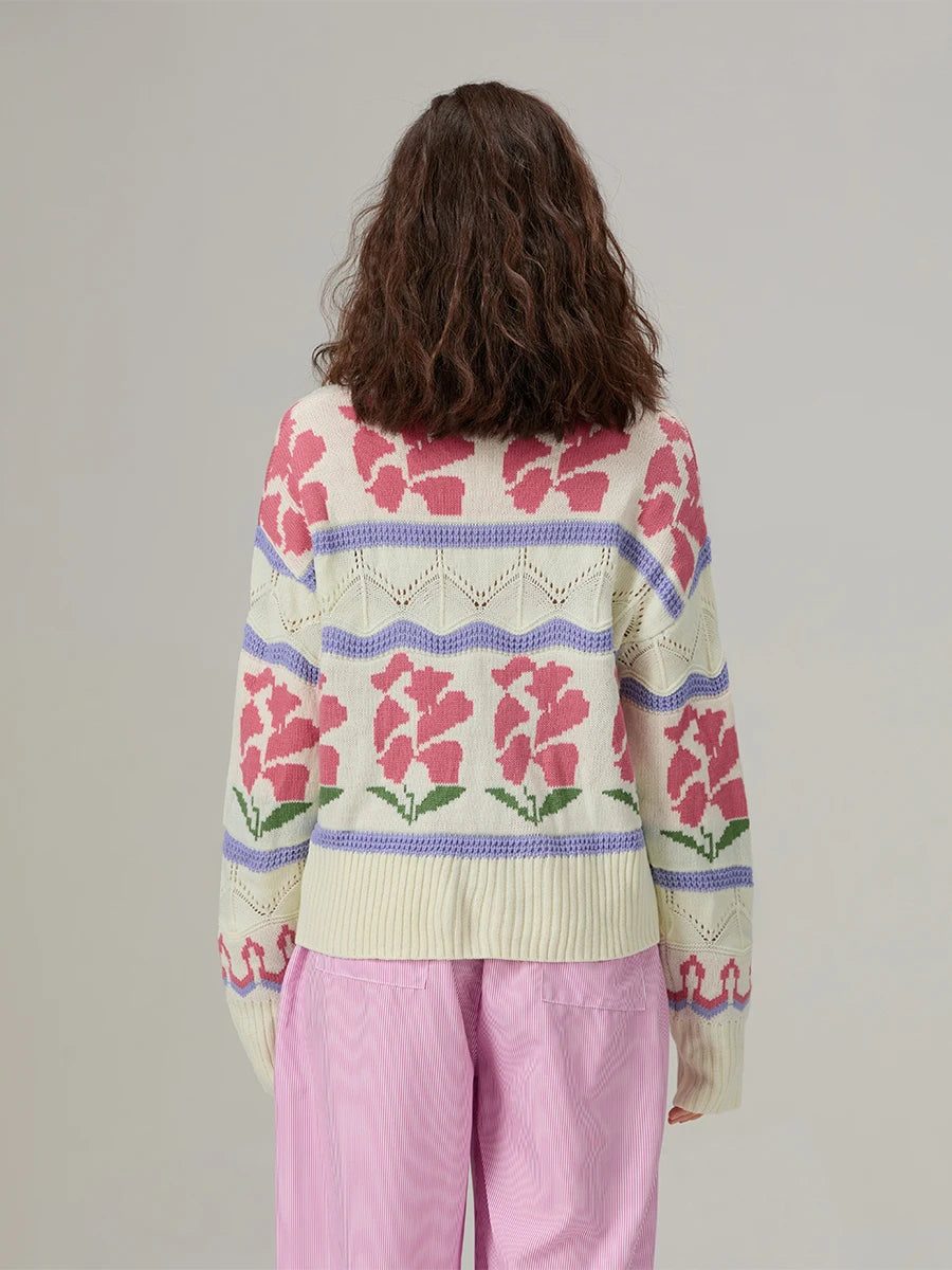 Women s Cable Knit Sweater with Ribbed Crew Neck and Floral Embroidery