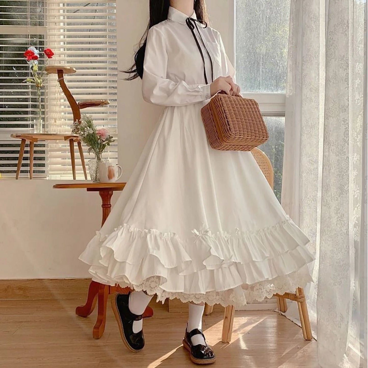 Women'S Solid Color Design Fashionable Japanese Girl Fairy Lace Half Length Skirt Black And White Maid Princess Skirt Fairy Y2k