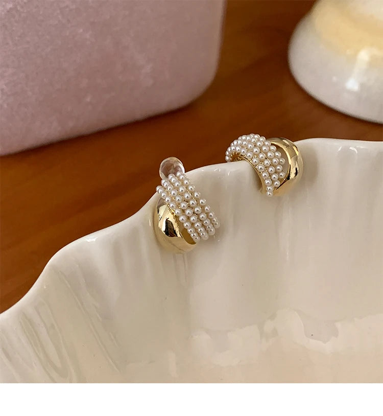 Pearl Metal Arc-Shaped Gold Color Earrings