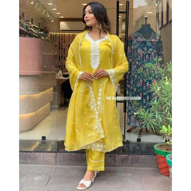 Heavy Embroidery Work Yellow Straight  Kurti Pant & Dupatta