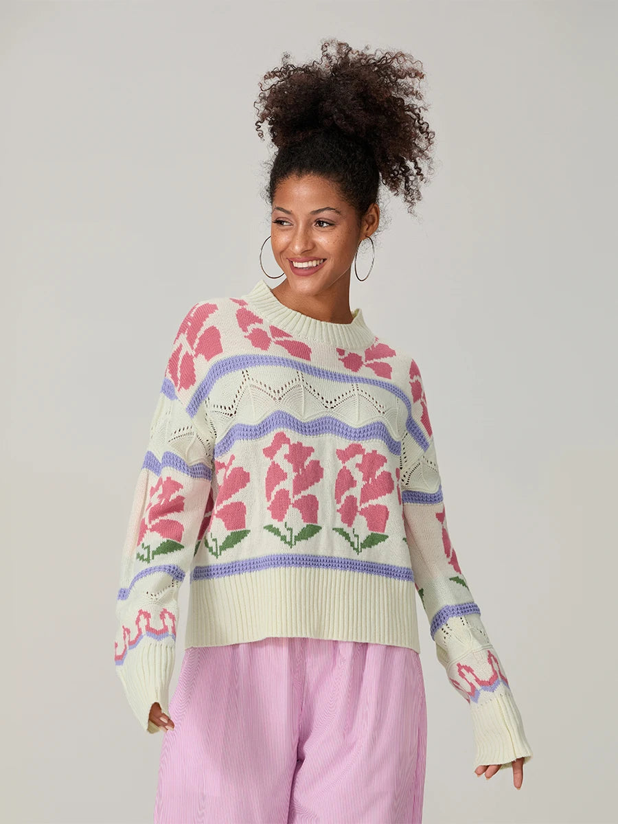 Women s Cable Knit Sweater with Ribbed Crew Neck and Floral Embroidery