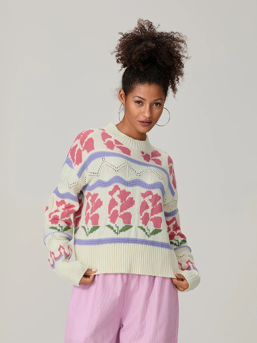 Women s Cable Knit Sweater with Ribbed Crew Neck and Floral Embroidery