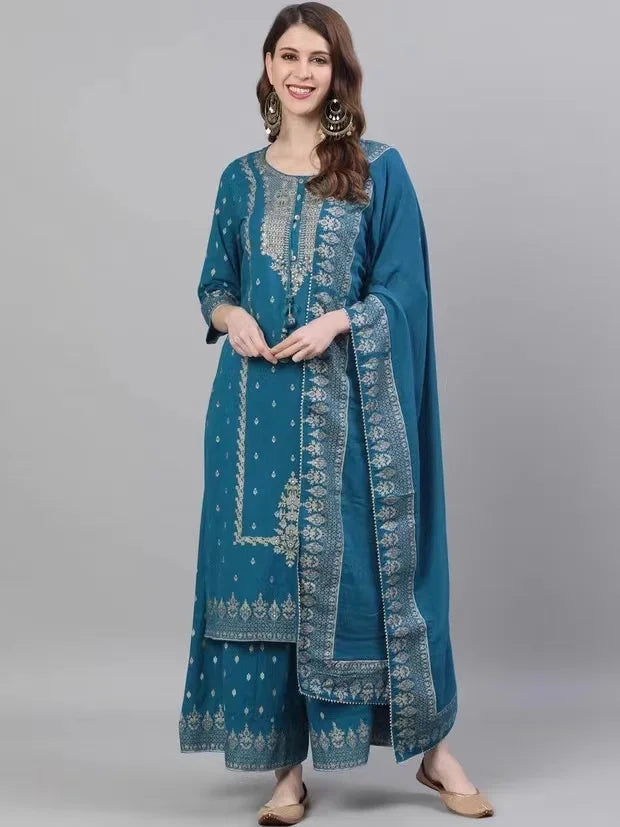 Ethnic Set 2-Piece Cotton Printed Navy Blue &Cotton Printed 3-piece Suit