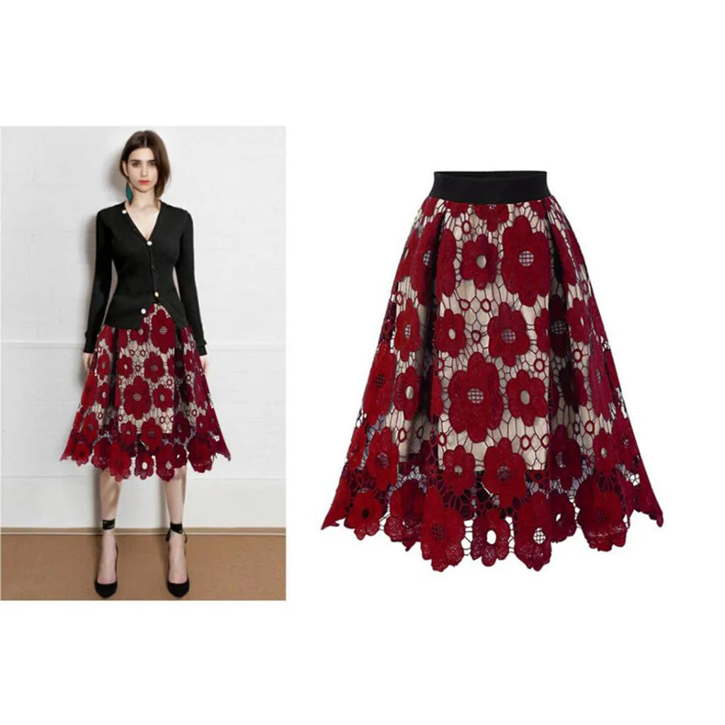 Floral Lace Skirt Commute Elegant Women High Waist Long Skirt Vintage Fairy Double-Layered Hollow Out Irregular A-Line Skirt