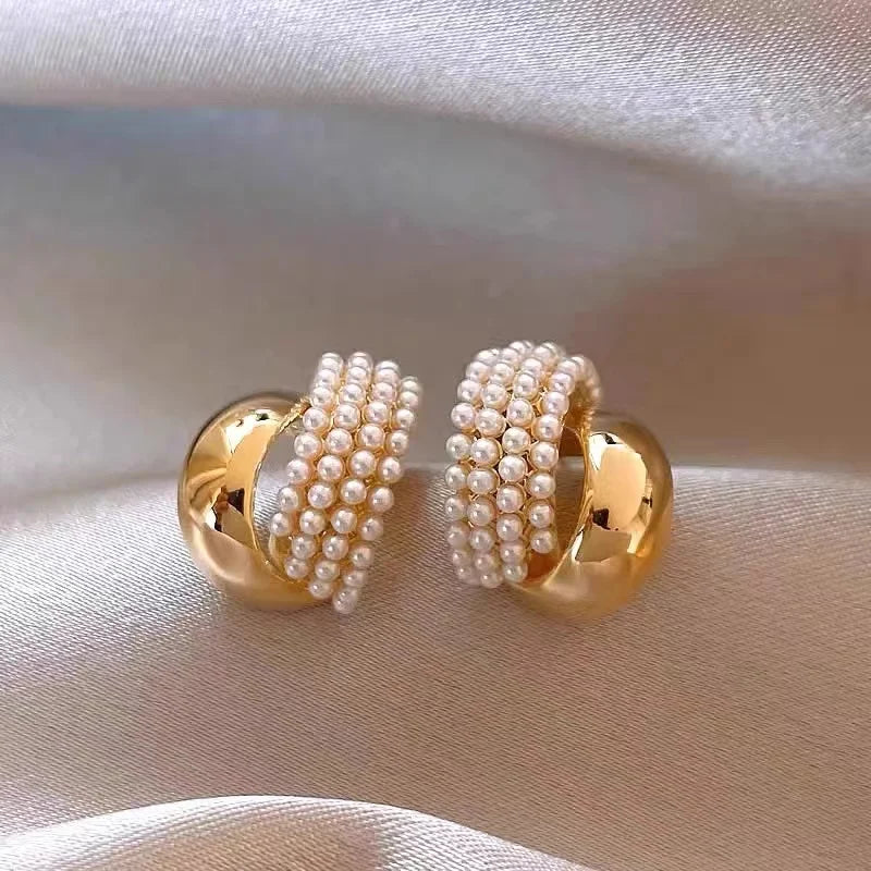 Pearl Metal Arc-Shaped Gold Color Earrings