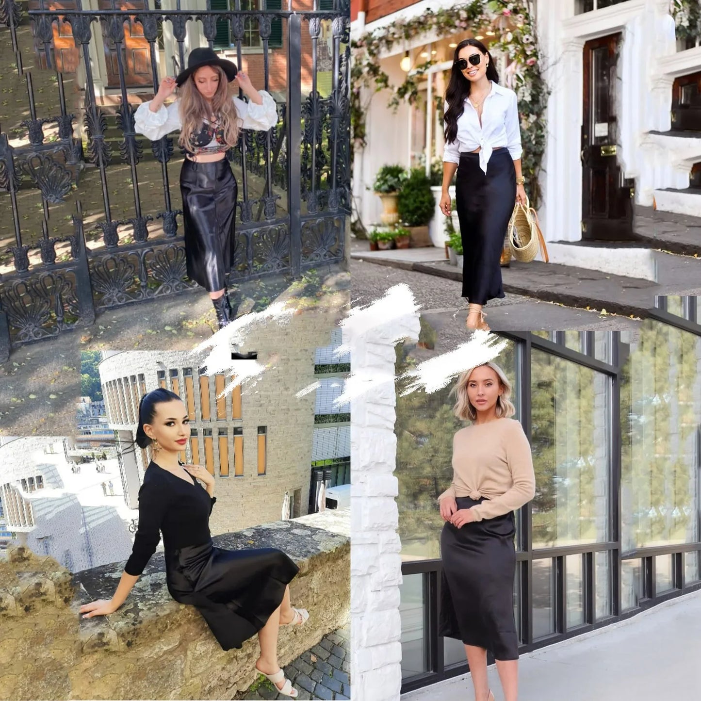 Aesthetic Satin A-Line Skirt Women's Bright Face High Waist Solid Color Side Split Skirt With Zipper Knee Length Office Wear