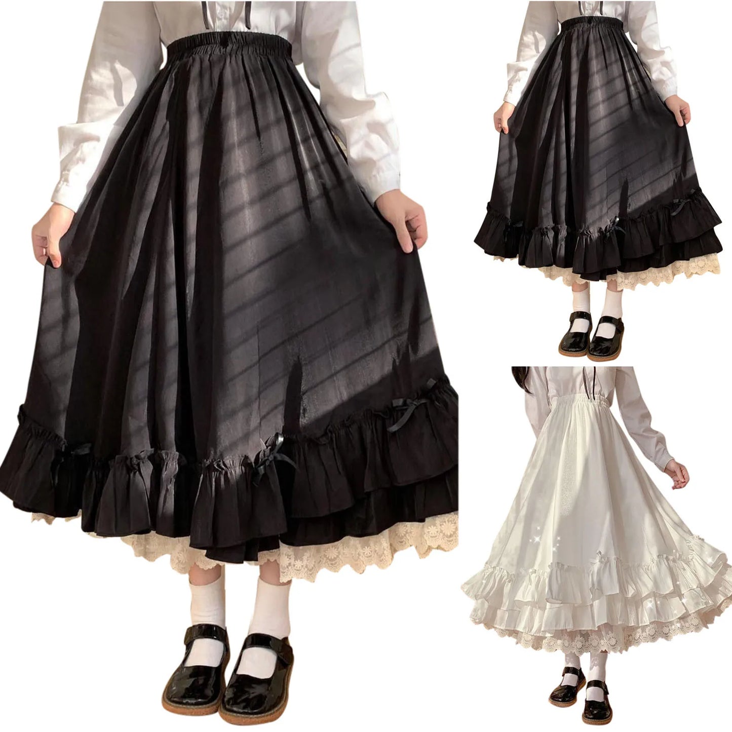 Women'S Solid Color Design Fashionable Japanese Girl Fairy Lace Half Length Skirt Black And White Maid Princess Skirt Fairy Y2k