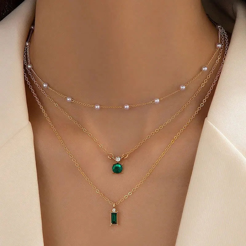 Emerald Green Pearl Multi-layer Necklace