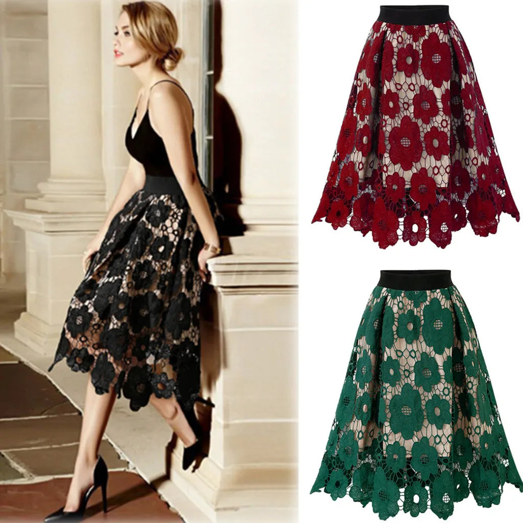 Floral Lace Skirt Commute Elegant Women High Waist Long Skirt Vintage Fairy Double-Layered Hollow Out Irregular A-Line Skirt