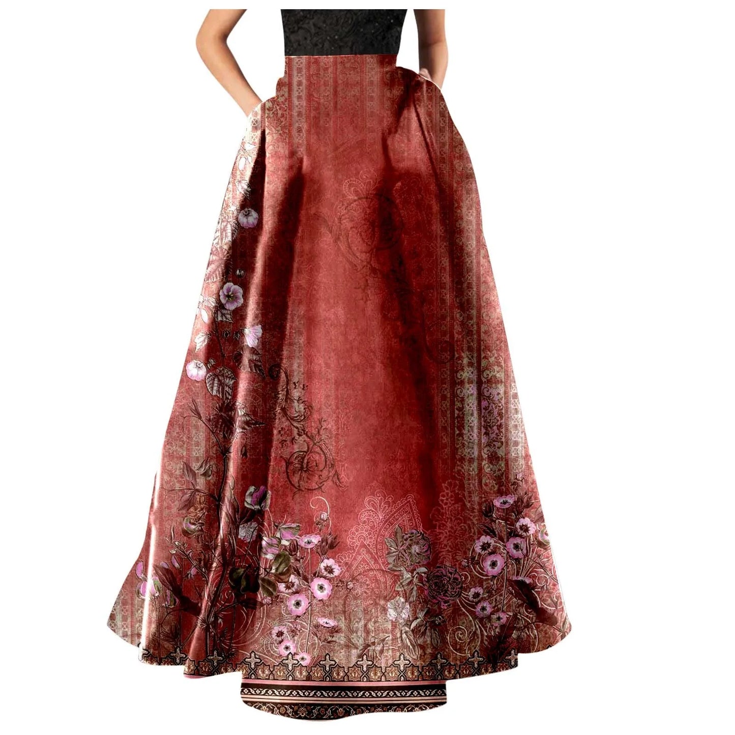 High Waist Pocket Skirts For Women Fashion Bohemian Floral Print Maxi Skirt Party Beach Long Skirt Elegant Vintage Clothing
