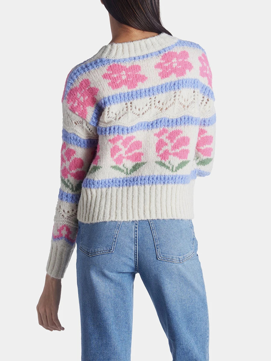 Women s Cable Knit Sweater with Ribbed Crew Neck and Floral Embroidery