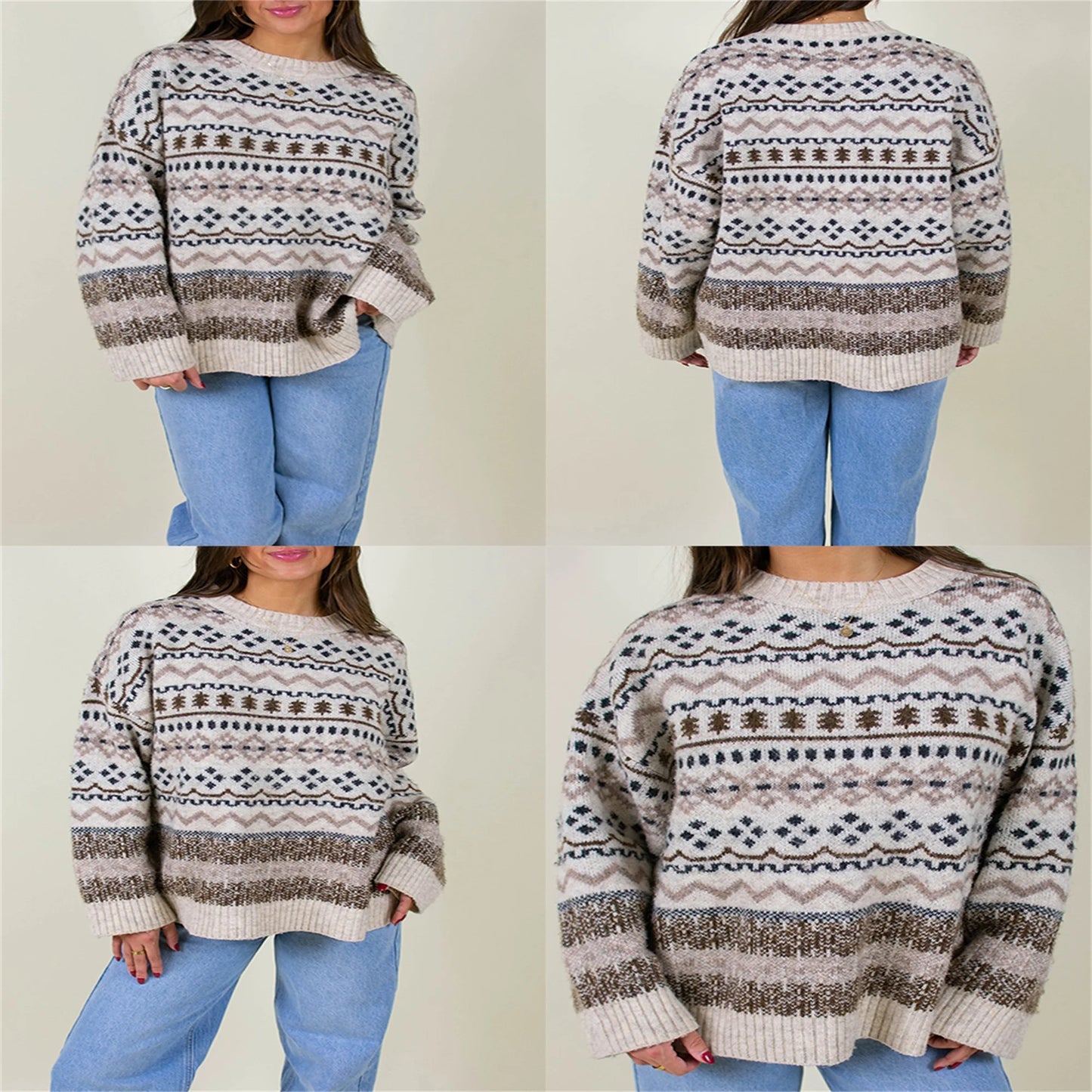 Women s Festive Reindeer Print Crew Neck Long Sleeve Knit Sweater