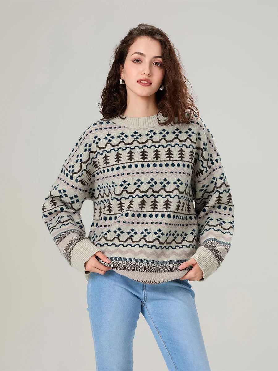 Women s Festive Reindeer Print Crew Neck Long Sleeve Knit Sweater