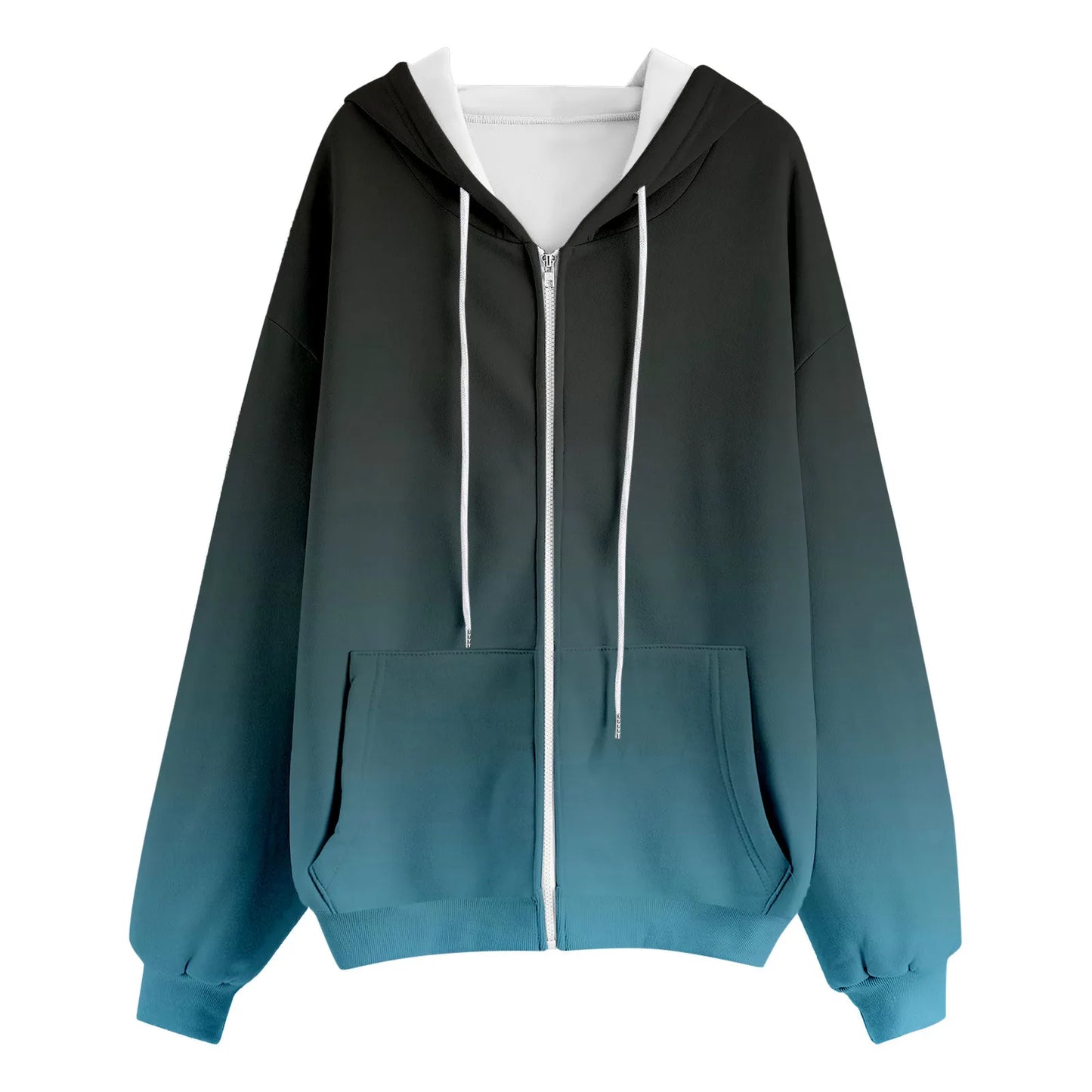 Women Hooded Drawstring Casual Jacket Sweatshirt Gradient Color Coats With Pockets Zip Up Loose Outerwear Fashion Hoodies