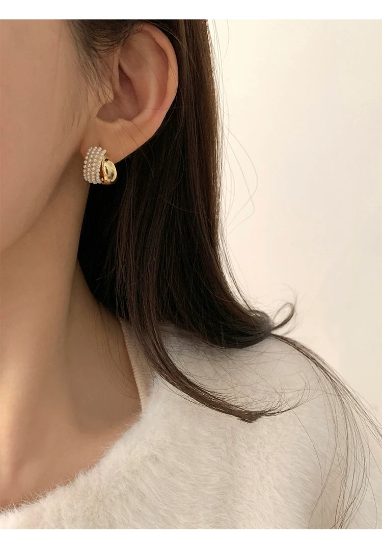 Pearl Metal Arc-Shaped Gold Color Earrings