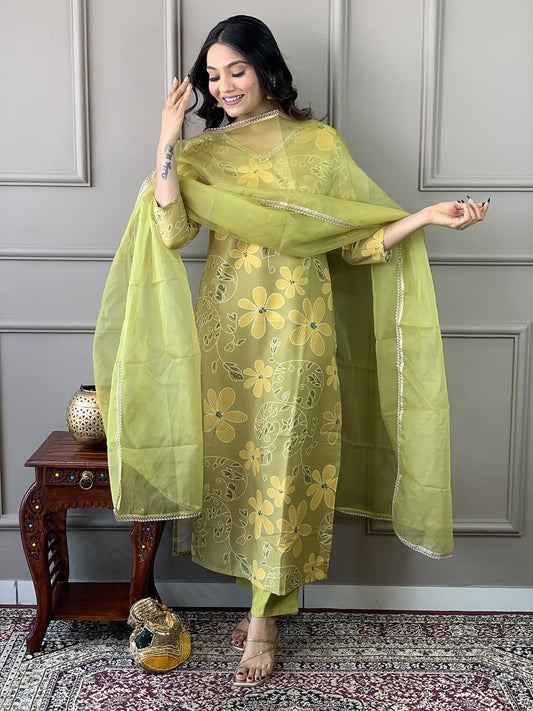 Traditional Full Neck Mirror Work Muslin Silk Kurti Set