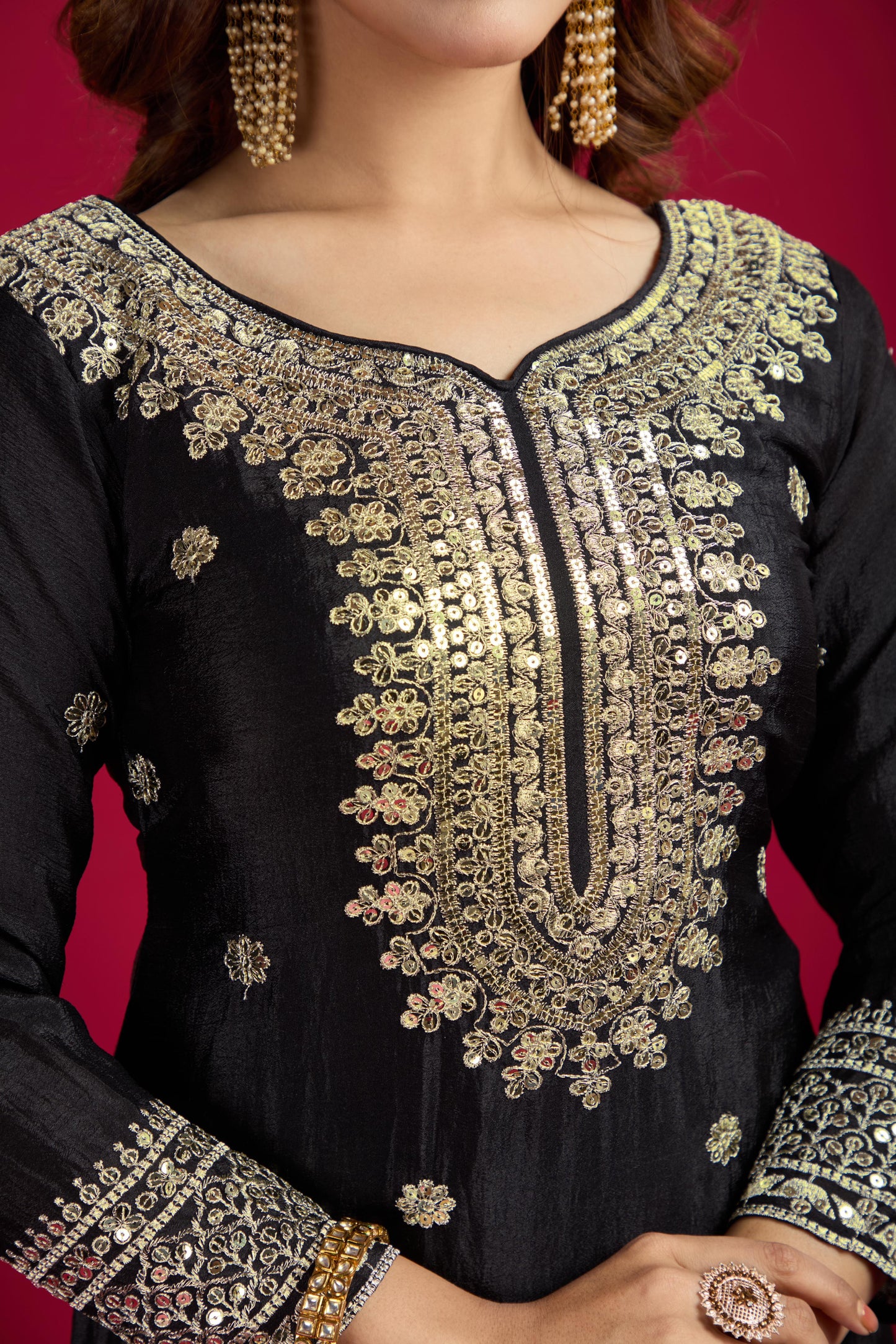 Pure Heavy Chinnon Silk With Embroidery Palazzo Suit With Dupatta