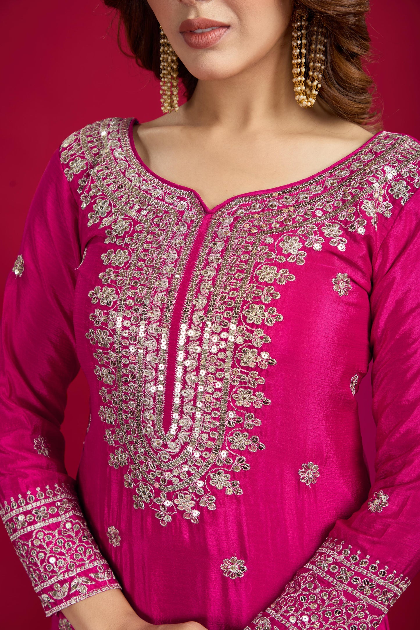 Pure Heavy Chinnon Silk With Embroidery Palazzo Suit With Dupatta