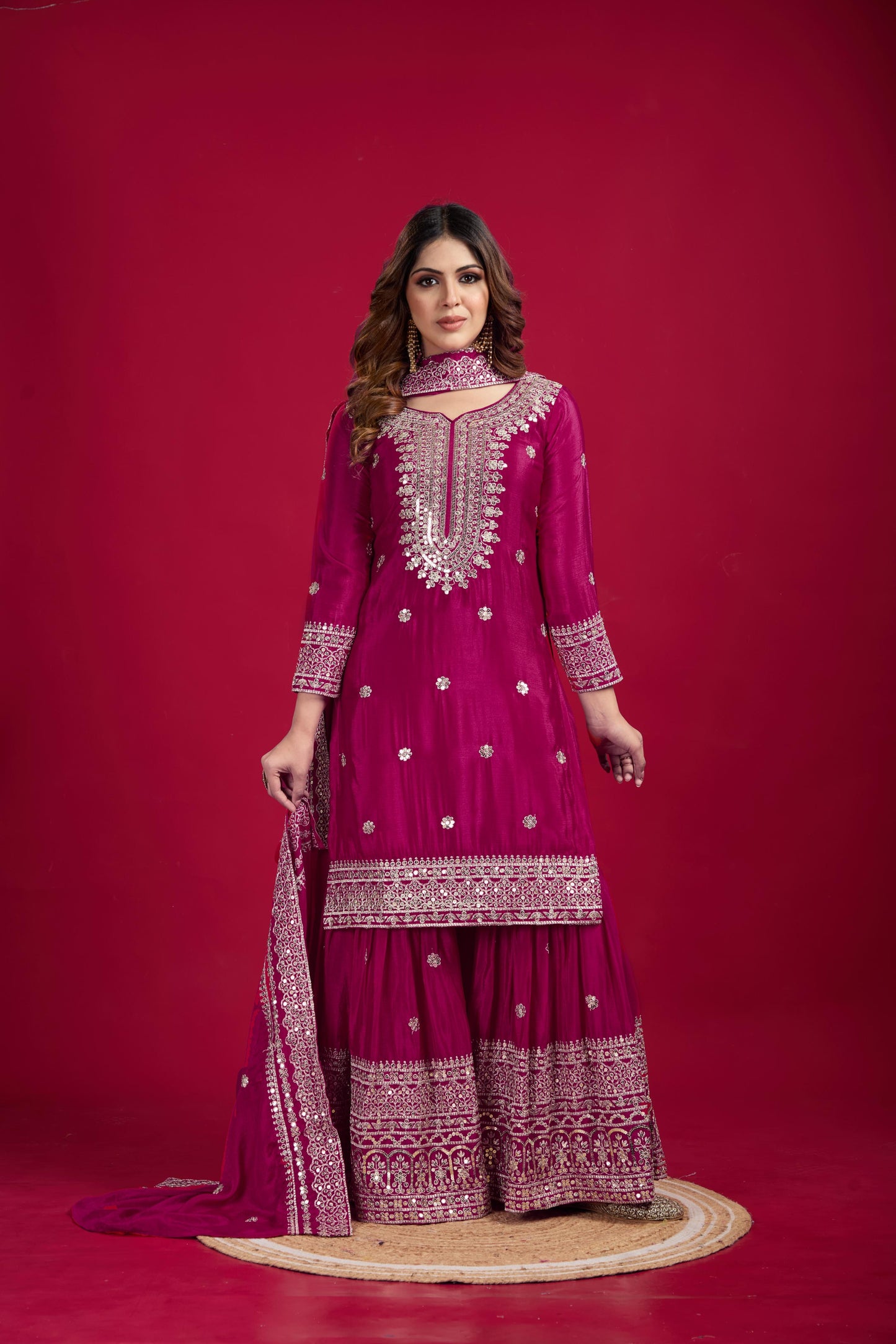 Pure Heavy Chinnon Silk With Embroidery Palazzo Suit With Dupatta