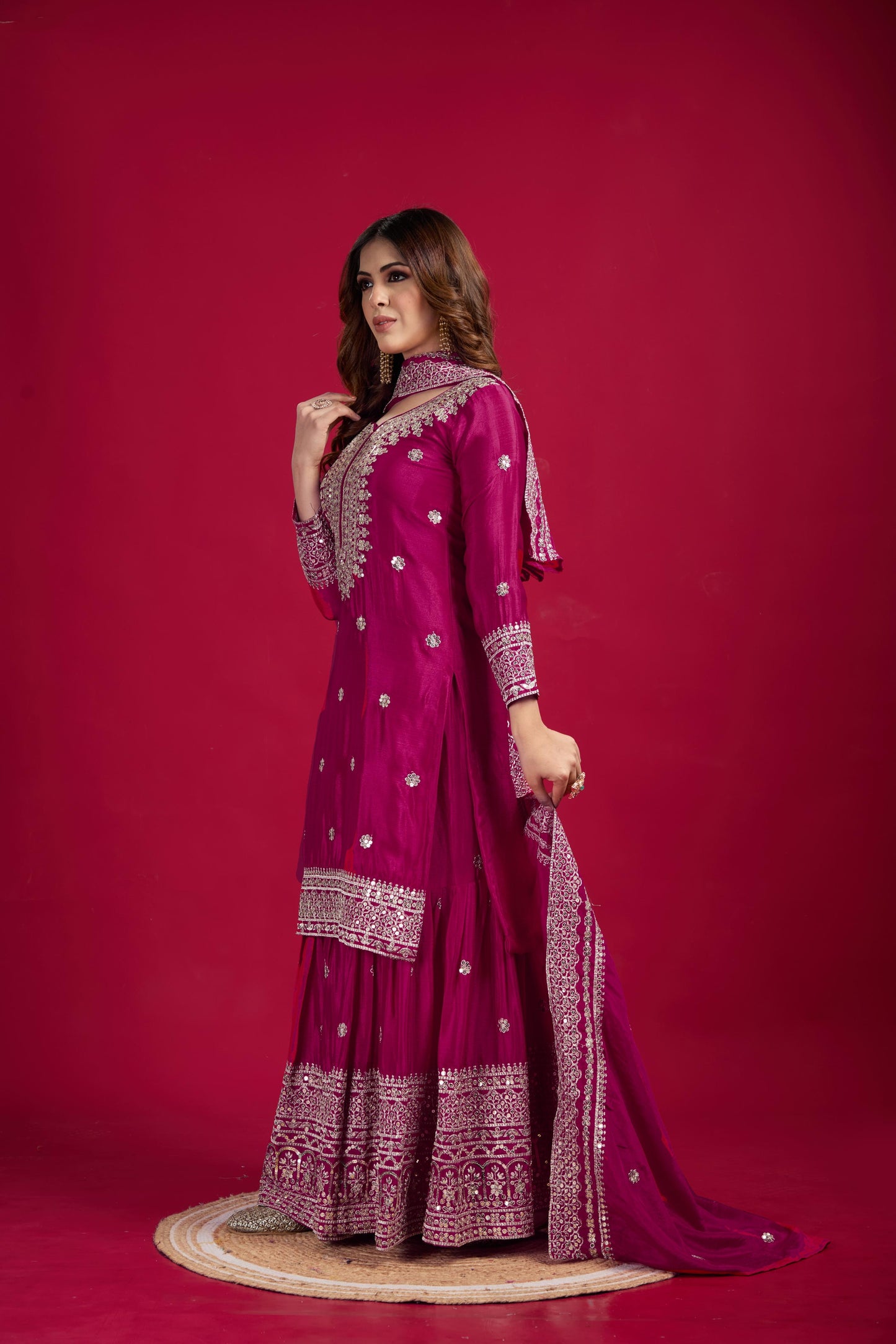 Pure Heavy Chinnon Silk With Embroidery Palazzo Suit With Dupatta