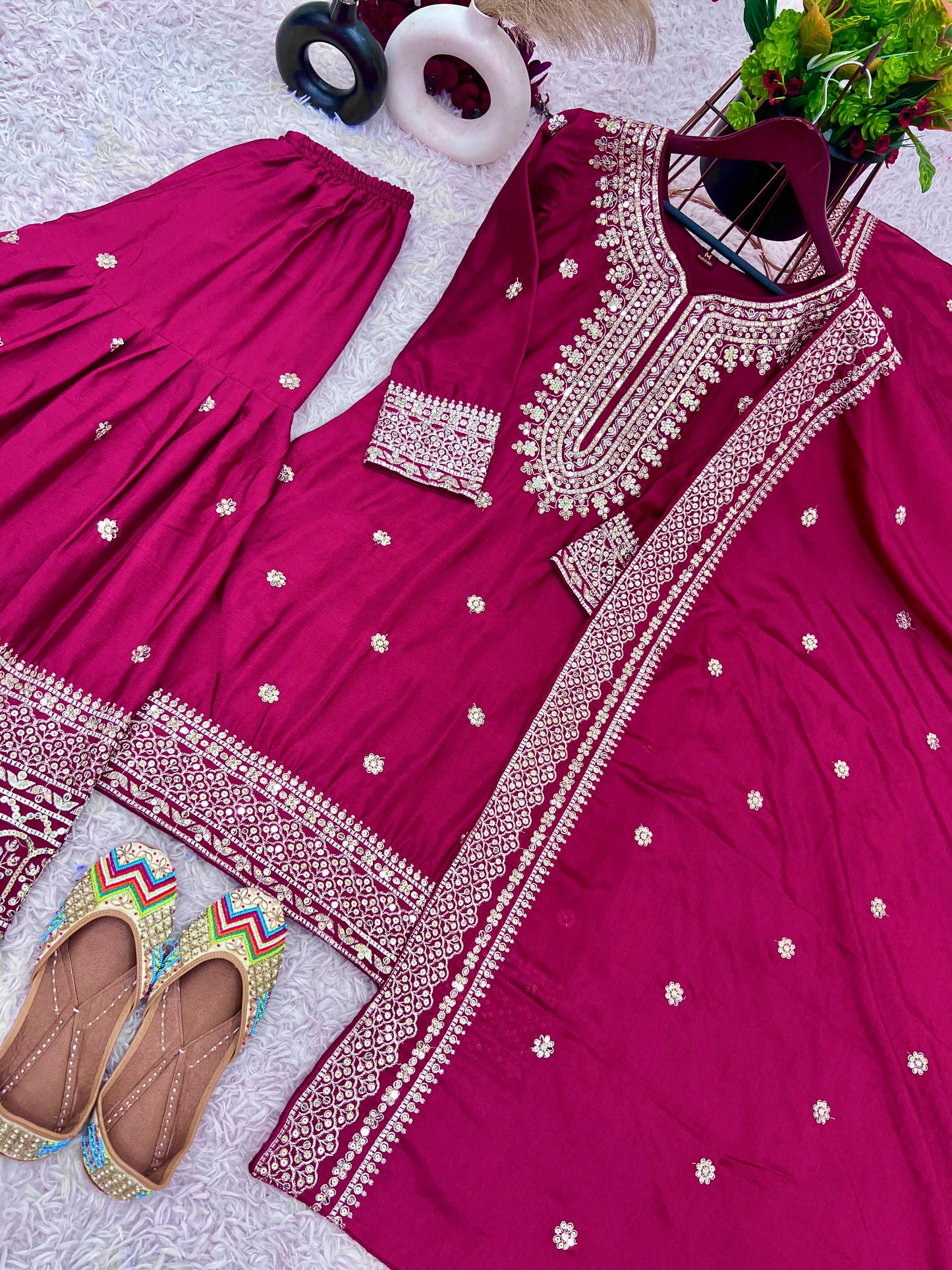 Pure Heavy Chinnon Silk With Embroidery Palazzo Suit With Dupatta