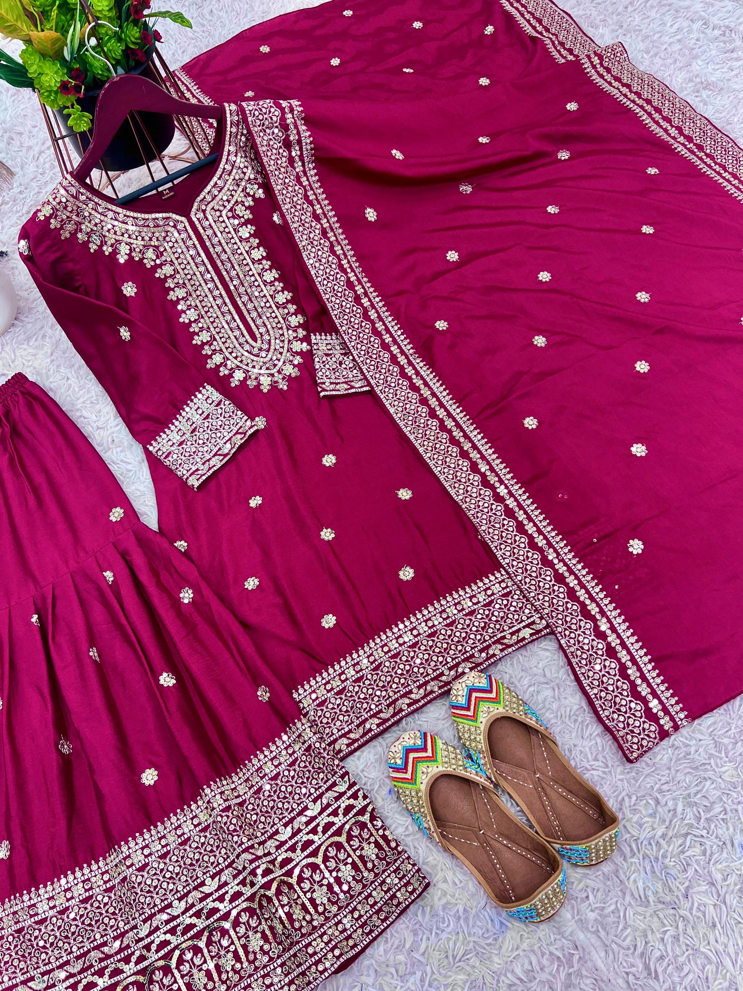 Pure Heavy Chinnon Silk With Embroidery Palazzo Suit With Dupatta