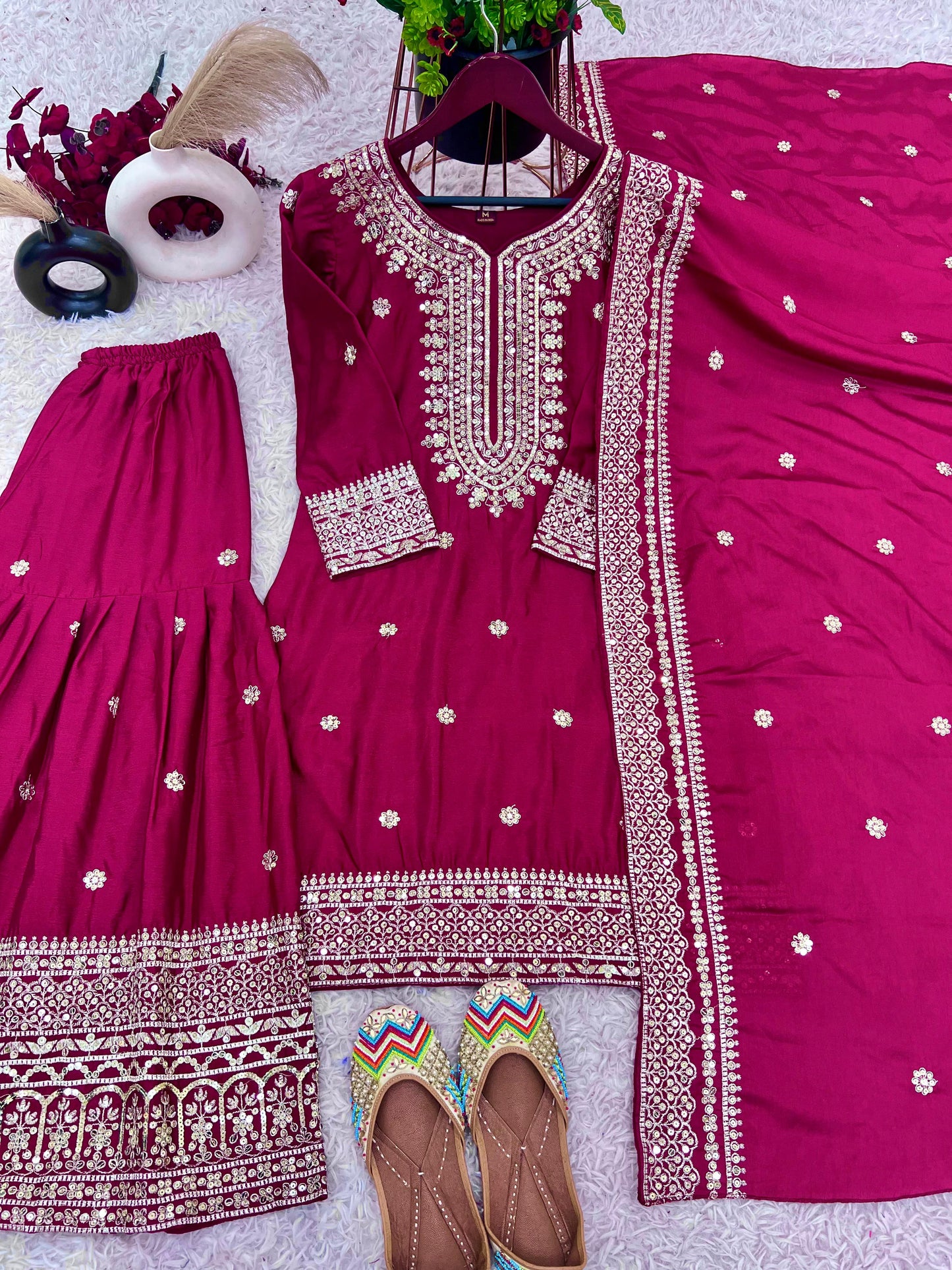 Pure Heavy Chinnon Silk With Embroidery Palazzo Suit With Dupatta