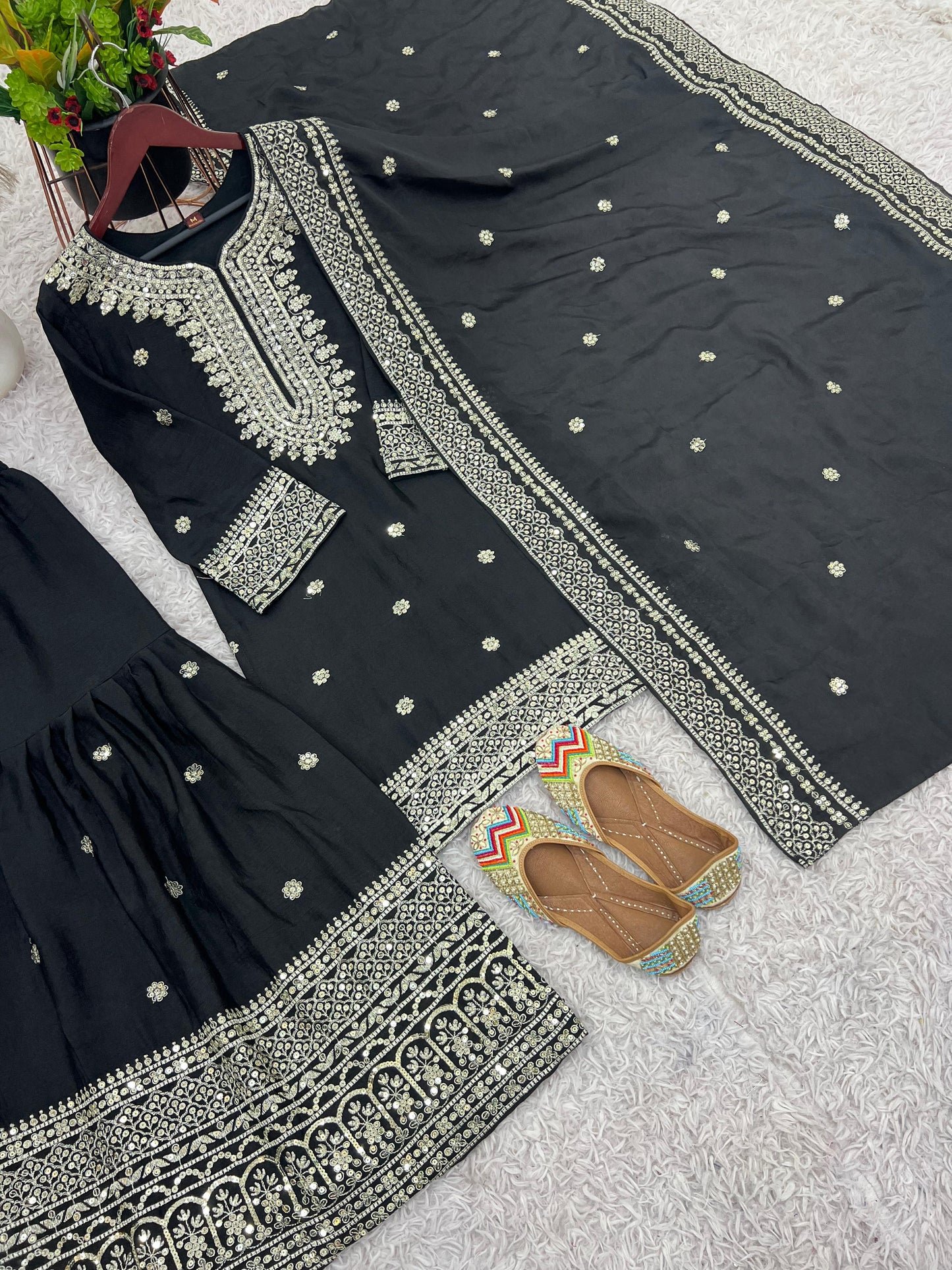 Pure Heavy Chinnon Silk With Embroidery Palazzo Suit With Dupatta