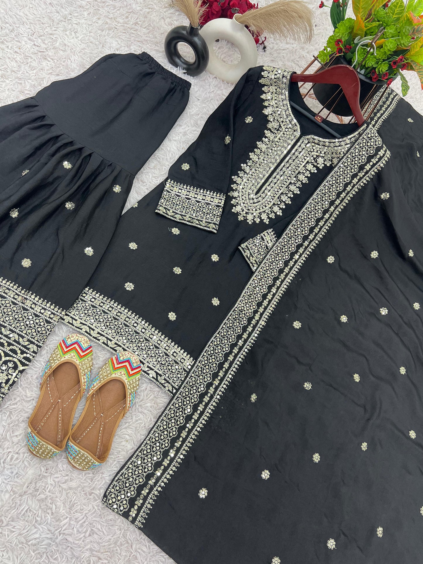 Pure Heavy Chinnon Silk With Embroidery Palazzo Suit With Dupatta