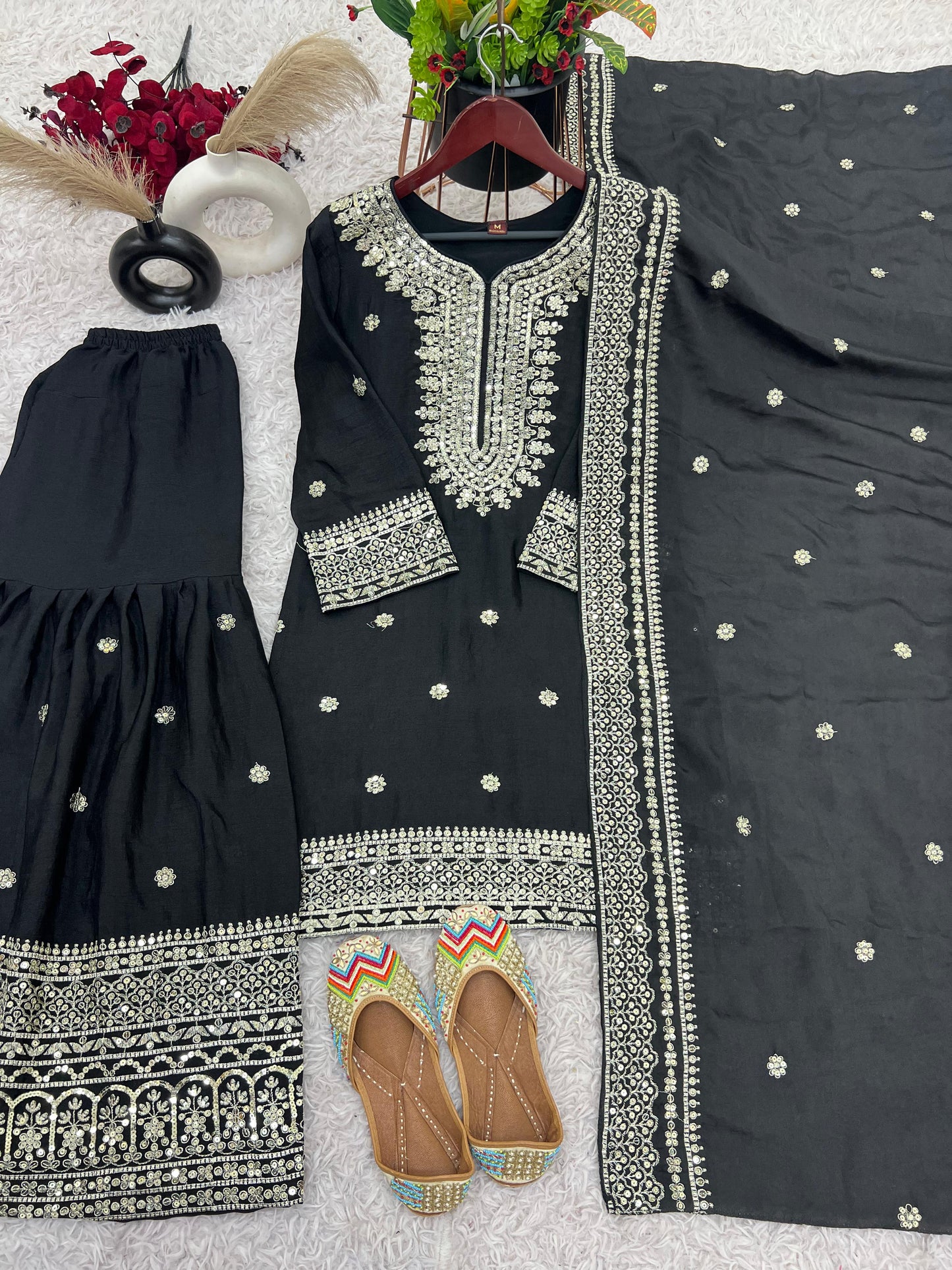 Pure Heavy Chinnon Silk With Embroidery Palazzo Suit With Dupatta