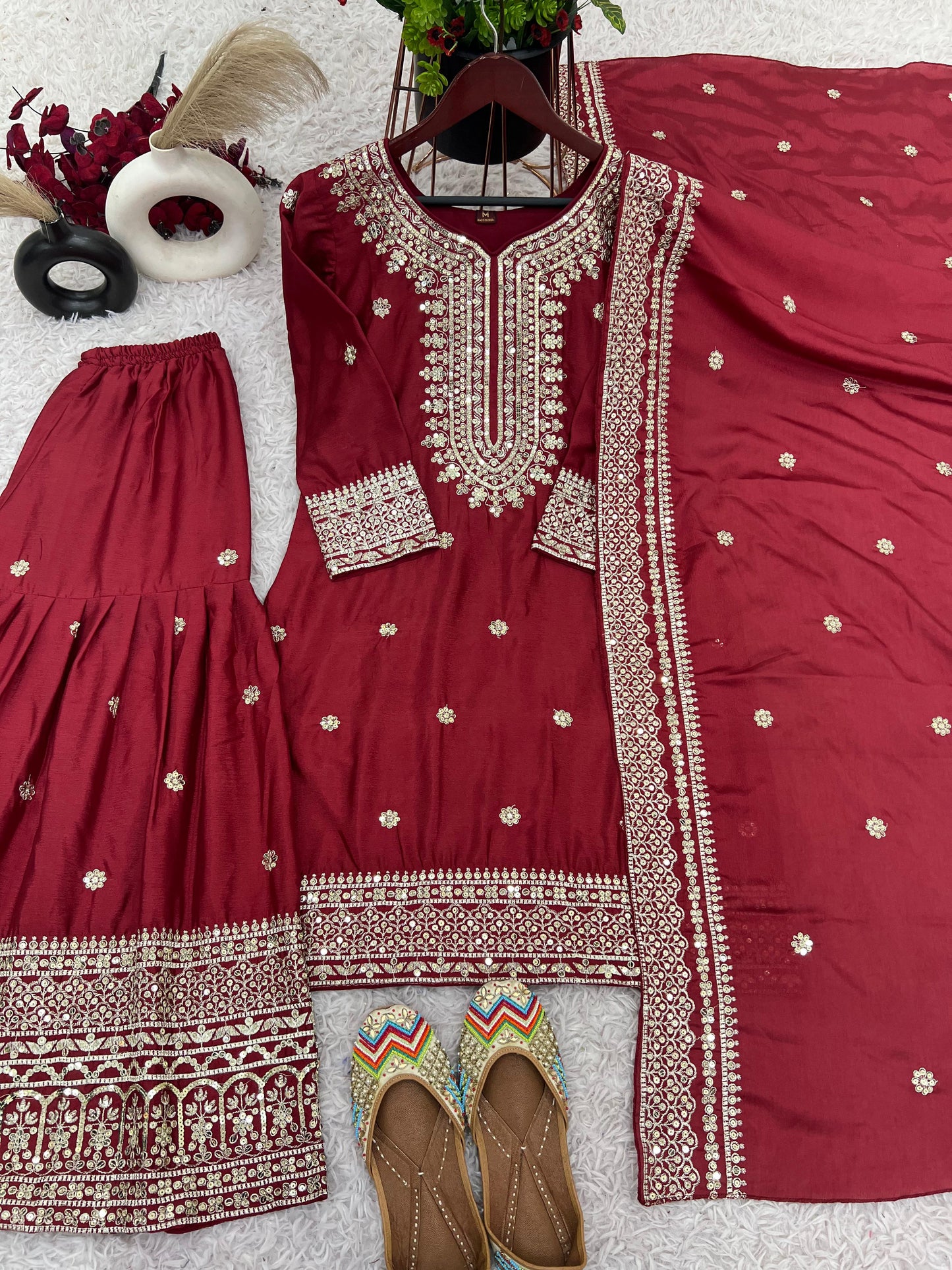 Pure Heavy Chinnon Silk With Embroidery Palazzo Suit With Dupatta