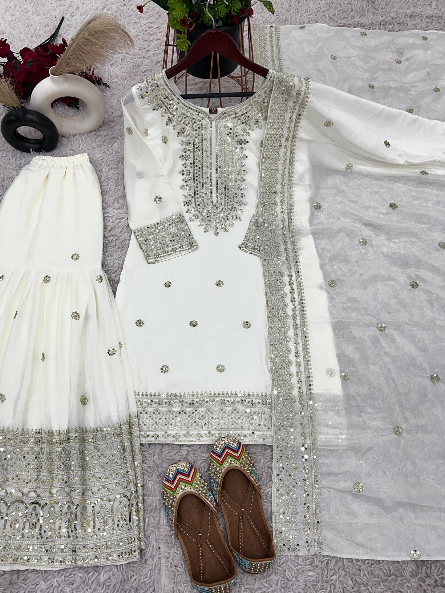 Pure Heavy Chinnon Silk With Embroidery Palazzo Suit With Dupatta