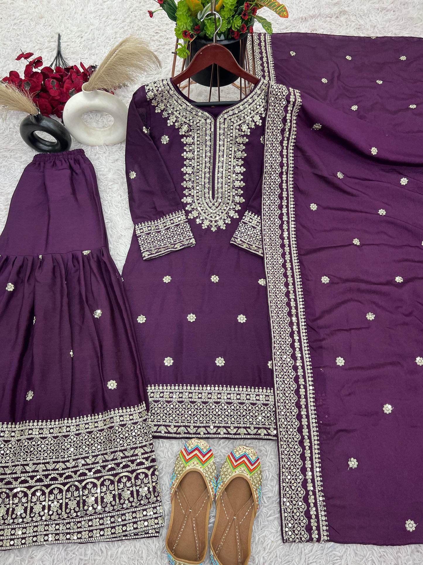 Pure Heavy Chinnon Silk With Embroidery Palazzo Suit With Dupatta